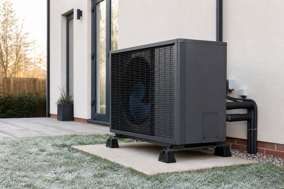 Air source heat pump installed beside a home